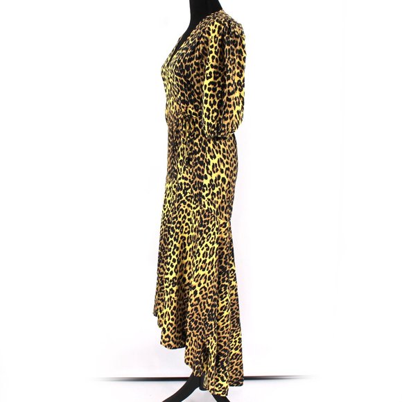 Ganni Leopard Print Cotton Wrap Dress 34 High Low Ruffle Hem Puffy Sleeve Small - Picture 5 of 9